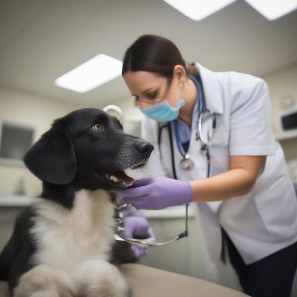 Veterinary ophthalmologist examining a dog's eye