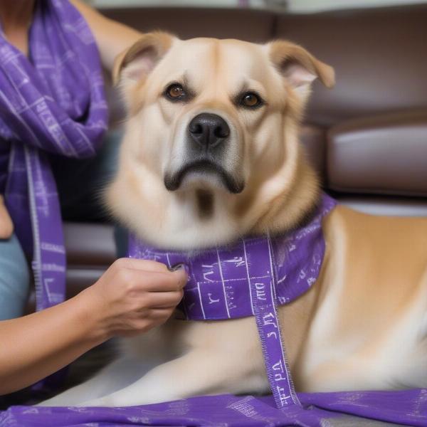 Measuring a dog for a Vikings jersey