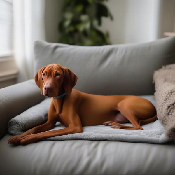 A rescued Vizsla relaxing in its new home