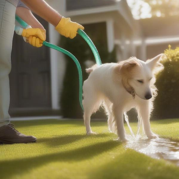 Watering a dog pee spot on the lawn to dilute urine