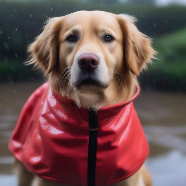 Dog wearing a waterproof fleece coat in the rain