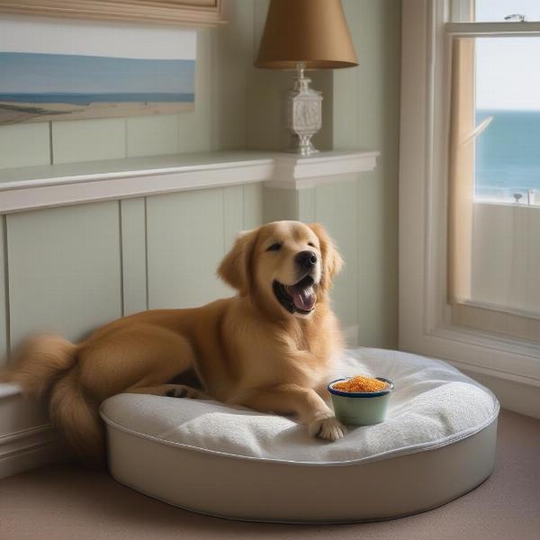 Dog-friendly hotel room in Weymouth with a dog bed and water bowl