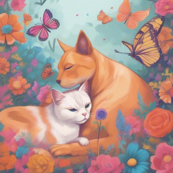 Whimsical cat and dog illustration