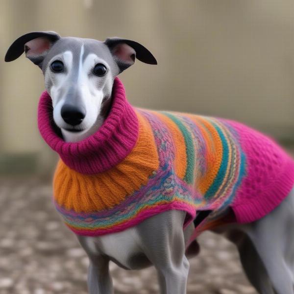 Whippet wearing a knitted sweater