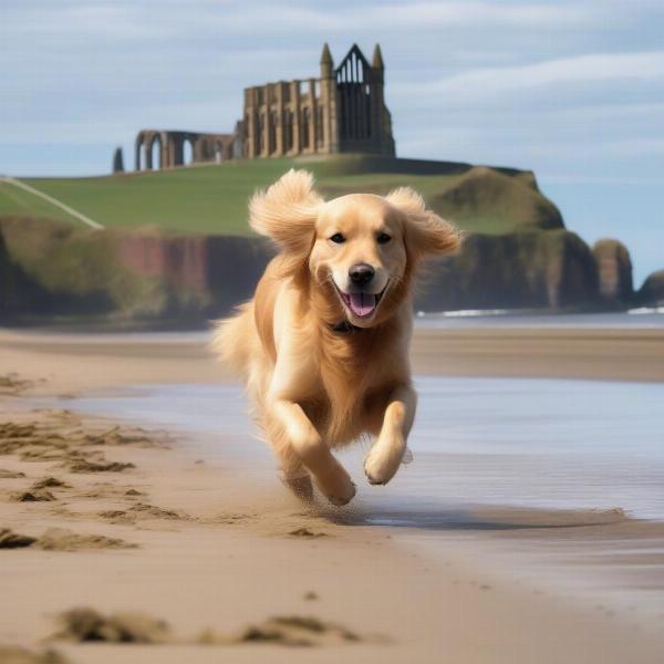 Dog enjoying the beach in Whitby