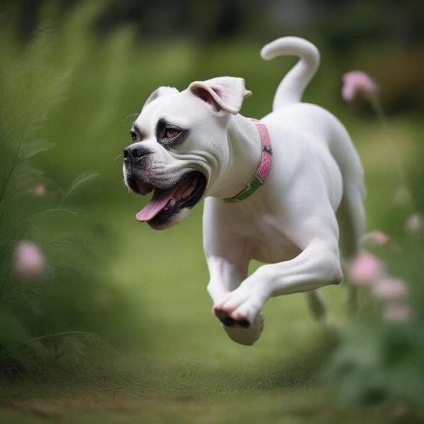 White Boxer dog enjoying a sunny day at the park