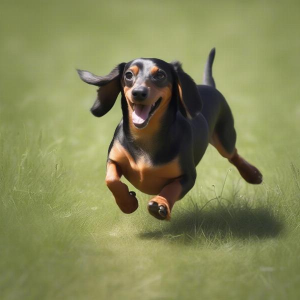 A dachshund running towards a toy during training.