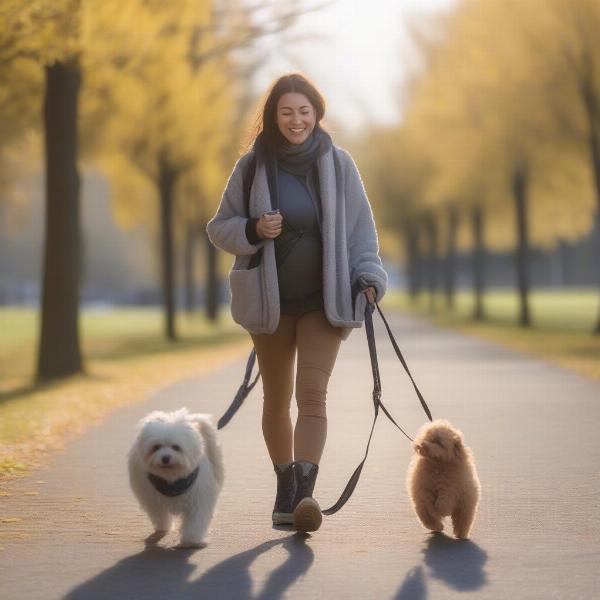 Woman Walking Dog in Fleece Pouch