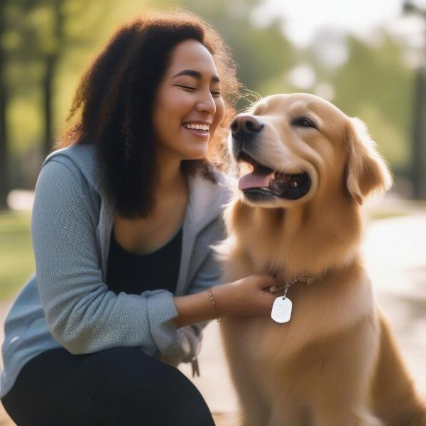 Woman wearing a dog tag necklace with her dog