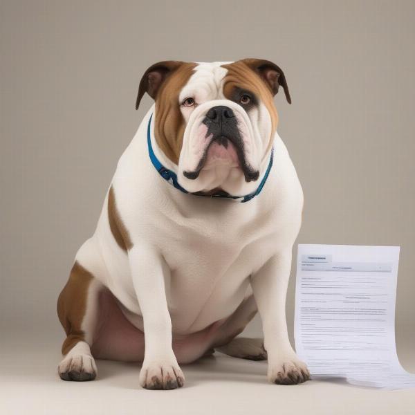 XL Bully dog sitting next to a rolled-up insurance policy