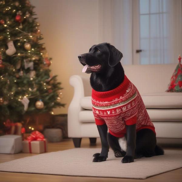 XL dog comfortably wearing a Christmas jumper