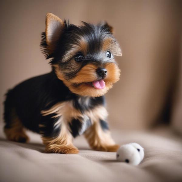 Yorkie puppy playing with a soft toy